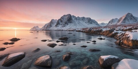 Wintry Lofoten seascape with pastel sunrise and rocky coast.