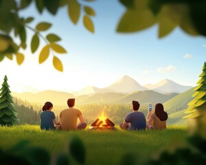 Group of friends enjoying a campfire in a scenic mountain landscape during sunset, surrounded by lush greenery and tranquil nature.
