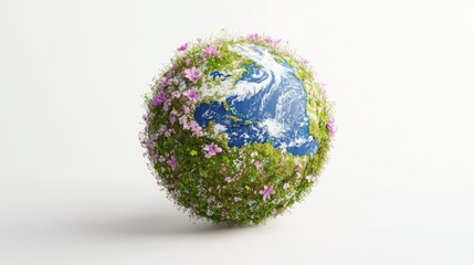 Fototapeta premium A 3D Earth, fully covered with moss and flowers, suspended in front of a seamless white background.