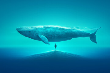 Obraz premium A man stands on an island in the ocean. Next to him a huge whale swimming underwater. The color scheme is dark blue-green 