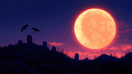 Dramatic silhouette of trees and Graveyard in the Forest against a vibrant orange sunset sky, with a full moon rising over distant mountains 