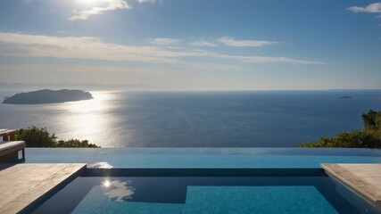 Fototapeta premium Luxurious oceanfront infinity pool with white loungers and breathtaking sea view under a bright blue sky.