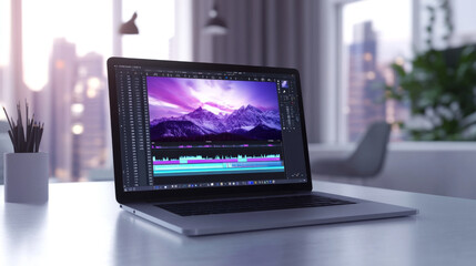 Laptop with video editing software open on a clean workspace