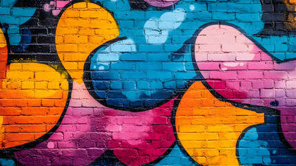 Colorful abstract graffiti on a brick wall.
