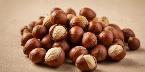 Fototapeta premium Pile of fresh hazelnuts on beige background.