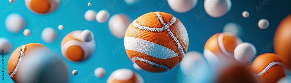 Poster Dynamic image of floating spherical objects in orange and white against a blue background, creating a sense of motion.
