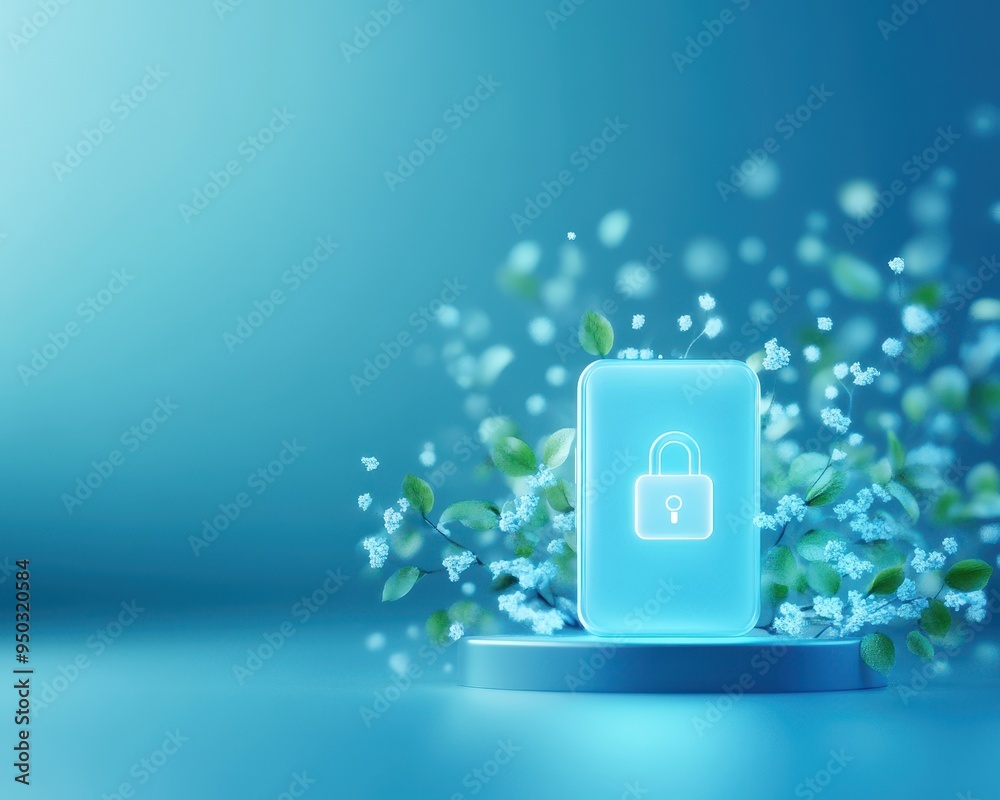 Poster digital security concept with a glowing lock icon on a podium, surrounded by abstract foliage and a 