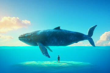 Fototapeta premium A man stands on an island in the ocean. Next to him a huge whale swimming underwater. The color scheme is dark blue-green 