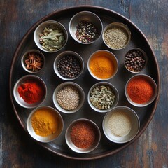 6. Meditative scene of arranging vibrant spices in a simple, symmetrical pattern on a rustic table. [food + flavor + mindfulness]