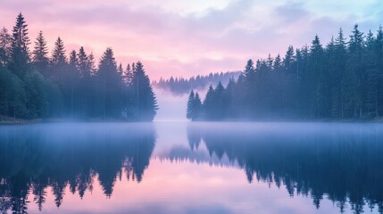 Fototapeta premium A serene woodland landscape at dawn with a mist-covered lake reflecting the soft pastel colors of the sky the surrounding trees are tall and majestic creating a peaceful and enchanting atmosphere