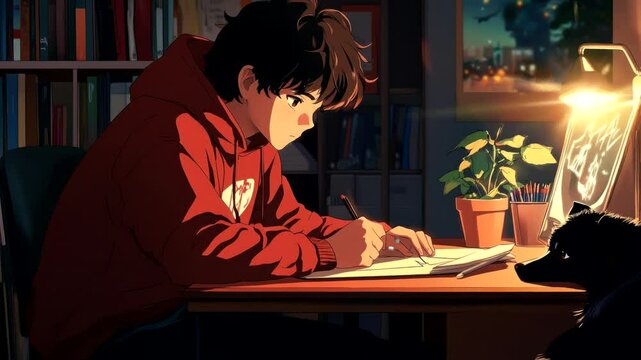 Anime boy studying late at night with warm lighting in a cozy room. Seamless looping 4k time-lapse video background