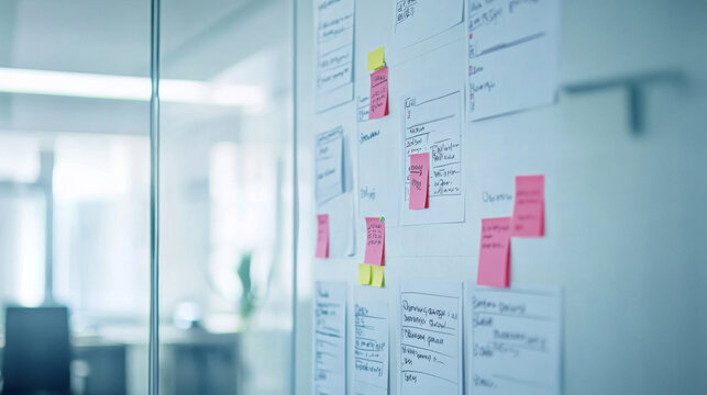 Planning content on a whiteboard with sticky notes