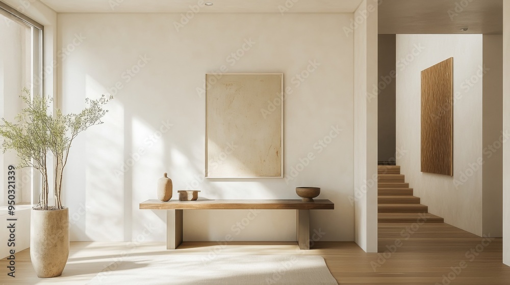 Poster a minimalist hallway with clean lines, a simple console table, and a few well-chosen pieces of art, 