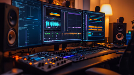 Obraz premium Podcast editing software with multiple audio tracks on screen