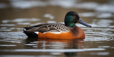 Northern shoveler duck swimming in natural habitat.