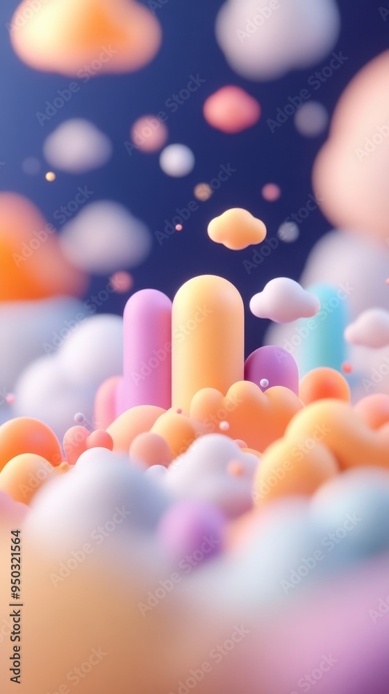 Poster Colorful abstract 3D shapes and clouds float against a dark background, creating a dreamy, whimsical, and vibrant scene.