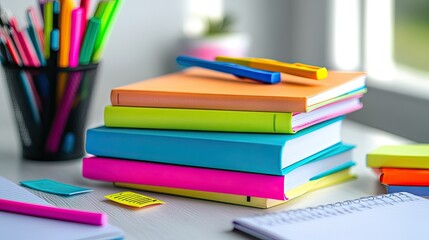 Fototapeta premium A bright stack of notebooks with matching highlighters and sticky notes, set on a crisp white surface.
