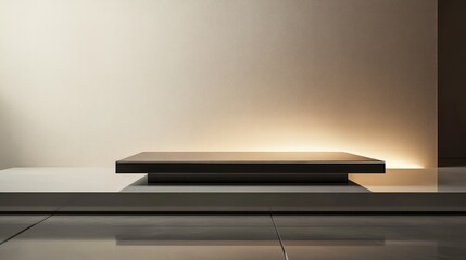 A chic, minimalist podium with a glass top and clean lines, placed on a sleek, contemporary stage.