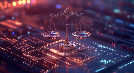 The digital scale of judgment is floating. Symbolizing the interplay between law and technology, representing advanced computer science and information management, the importance of compliance