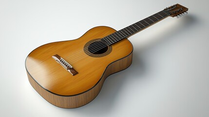 Fototapeta premium A classic guitar with a polished wooden finish, lying on a pristine white surface, emphasizing its simple beauty.