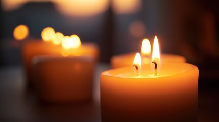 A close-up of multiple candles burning softly in a dimly lit room, creating a cozy and inviting atmosphere