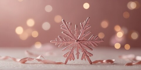 Pink snowflake on pastel pink background Minimal Xmas concept.