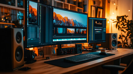 Obraz premium Desktop with dual monitors displaying video editing software
