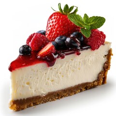 A slice of creamy, fruit-topped cheesecake with strawberries and blueberries.