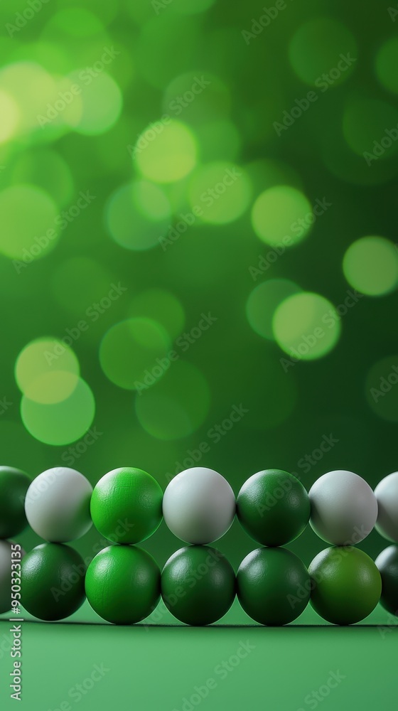 Aufkleber Abstract green and white spheres arranged in a row with a bokeh background, creating a modern and vibrant visual effect.