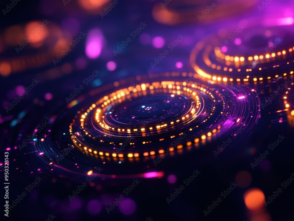 Poster abstract futuristic digital art with vibrant purple and orange light trails forming circular pattern