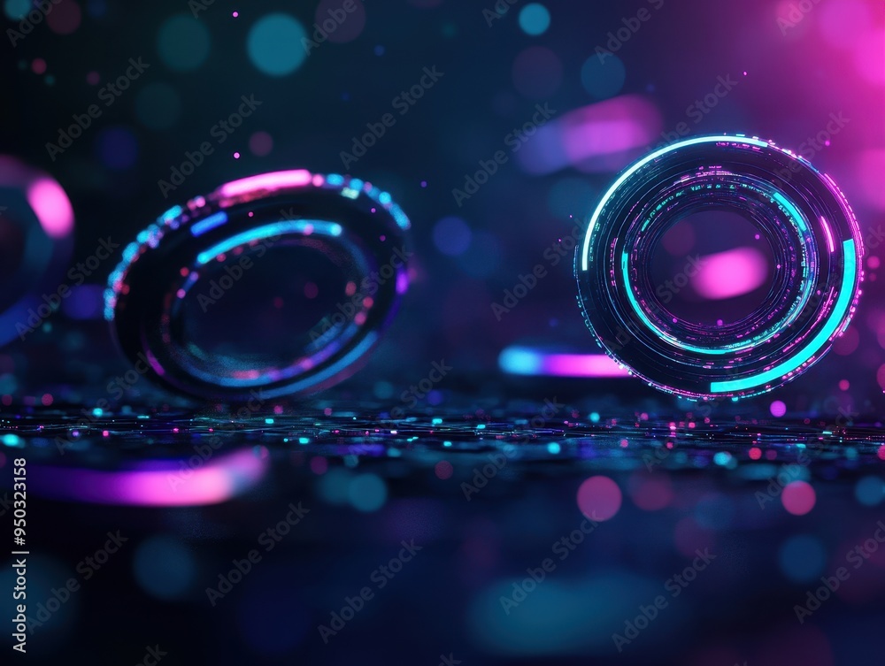 Poster abstract digital rings with vibrant neon lights and blurred bokeh background, representing futuristi