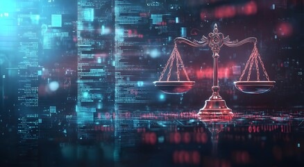 The digital scale of judgment is floating. Symbolizing the interplay between law and technology, representing advanced computer science and information management, the importance of compliance