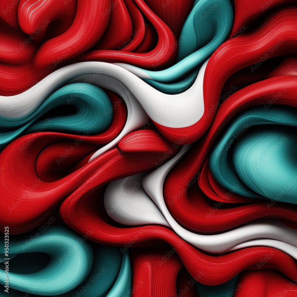 Poster Abstract artistic red, white, and teal waves create an intricate, three-dimensional texture in this eye-catching digital composition.