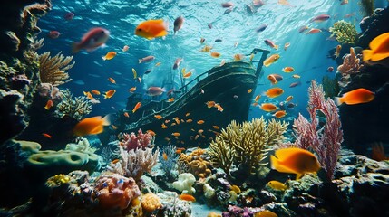 Naklejka premium Underwater scene coral reefs vibrant schools of fish sunken ship sharp details