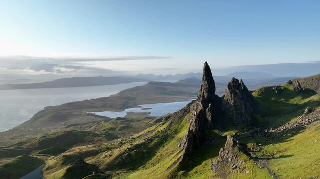 Aerial view of Old Man of Storr with stunning landscape, Isle of Skye, Scotland, United Kingdom.