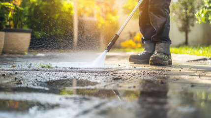 A person using a pressure washer to clean a muddy and dirty surface outdoors, with water spray and sunlight in a garden setting.