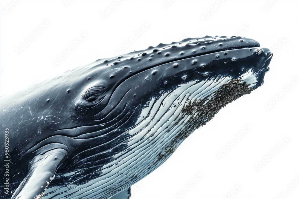 Poster a close up, high resolution image of a majestic whale with a serene expression, set against a clean,