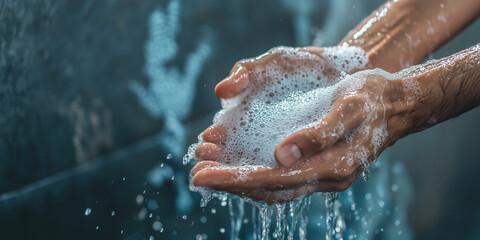 Fototapeta premium Close-up of hands forming soapy bubbles under running water, highlighting a clean and hygienic washing moment with foam and bubbles.