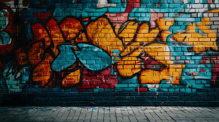 Obraz premium Colorful Graffiti on a Brick Wall with a Stone Ground in Front.