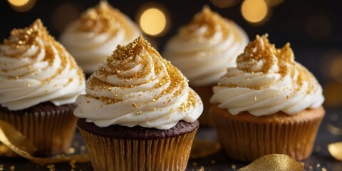 Cupcakes with white frosting and golden sugar sprinkles.