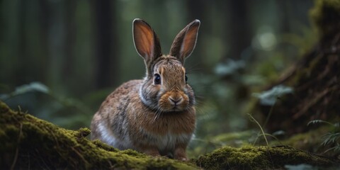 Fototapeta premium Curious woodland rabbit peering through eyeglasses in dark forest.
