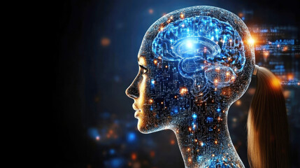 A profile of a cybernetic brain with glowing lights and circuit connections, representing AI and technological integration.