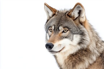 Fototapeta premium A close up, high resolution image of a majestic wolf with an intense gaze, set against a clean, bright white background. The even lighting highlights the wolfs detailed fur texture
