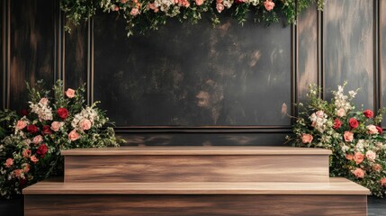 Fototapeta premium A luxurious wooden podium with a polished finish, decorated with a bouquet of flowers on a stage.