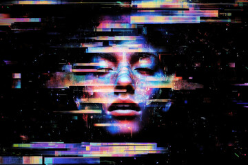 An image with an aesthetic glitch effect, characterized by digital distortion and multicolored lines creating a futuristic feel.