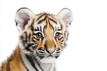 Obraz premium A close up, high resolution image of an adorable tiger cub with a curious expression, set against a clean, bright white background. The even lighting highlights the cubs soft fur