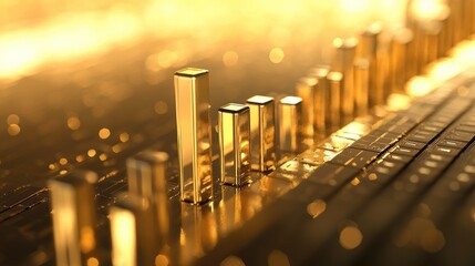 A rising bar graph with gold accents and a modern gold abstract background, showcasing financial growth