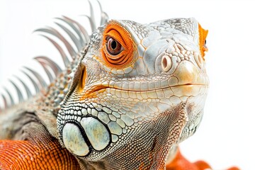 Fototapeta premium A close up, high resolution image of an iguana with a detailed, textured skin and a calm expression, set against a clean, bright white background. The even lighting highlights the