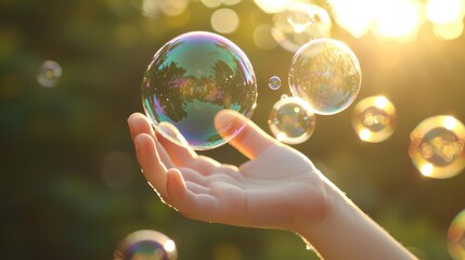 A close-up of a childâ€™s hand blowing bubbles, with delicate, iridescent spheres forming in the sunlight.