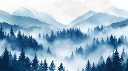 Obraz premium Misty Mountain Forest Landscape With Evergreen Trees